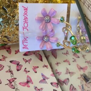 Betsey Johnson Pink Flower with Green Stems Earrings
